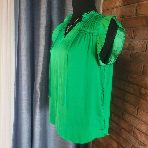 Rachel Zoe Emerald Green Ruffled Cap Sleeves, V-Neck & Shoulder Rouching - Sz XS - Picture 4 of 9